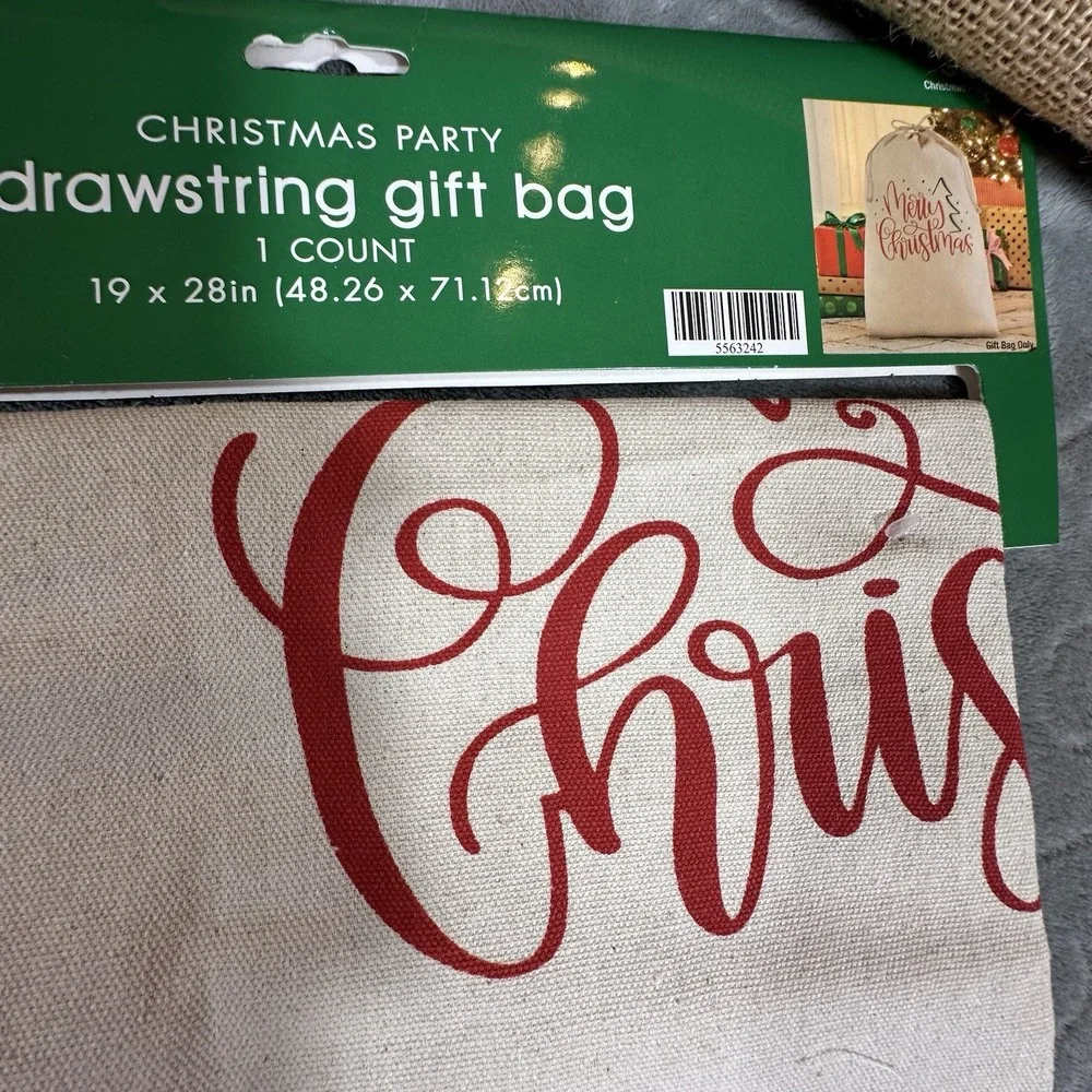Christmas  Burlap Gift Bags XL Drawstrings 4 Pcs 3 Designs Reusable Santa Deer